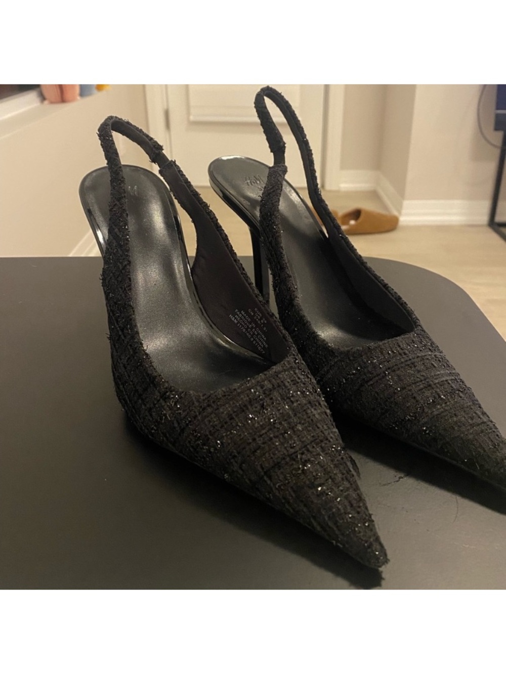 H&M Black Tweed Slingback Heels Pointed Toe Size 8.5